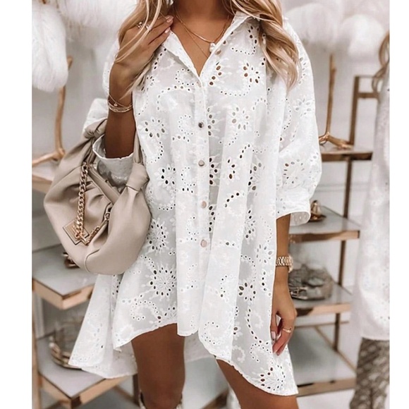 Boho Eyelet Puff Sleeve Button Down Shirt Dress - Picture 1 of 8